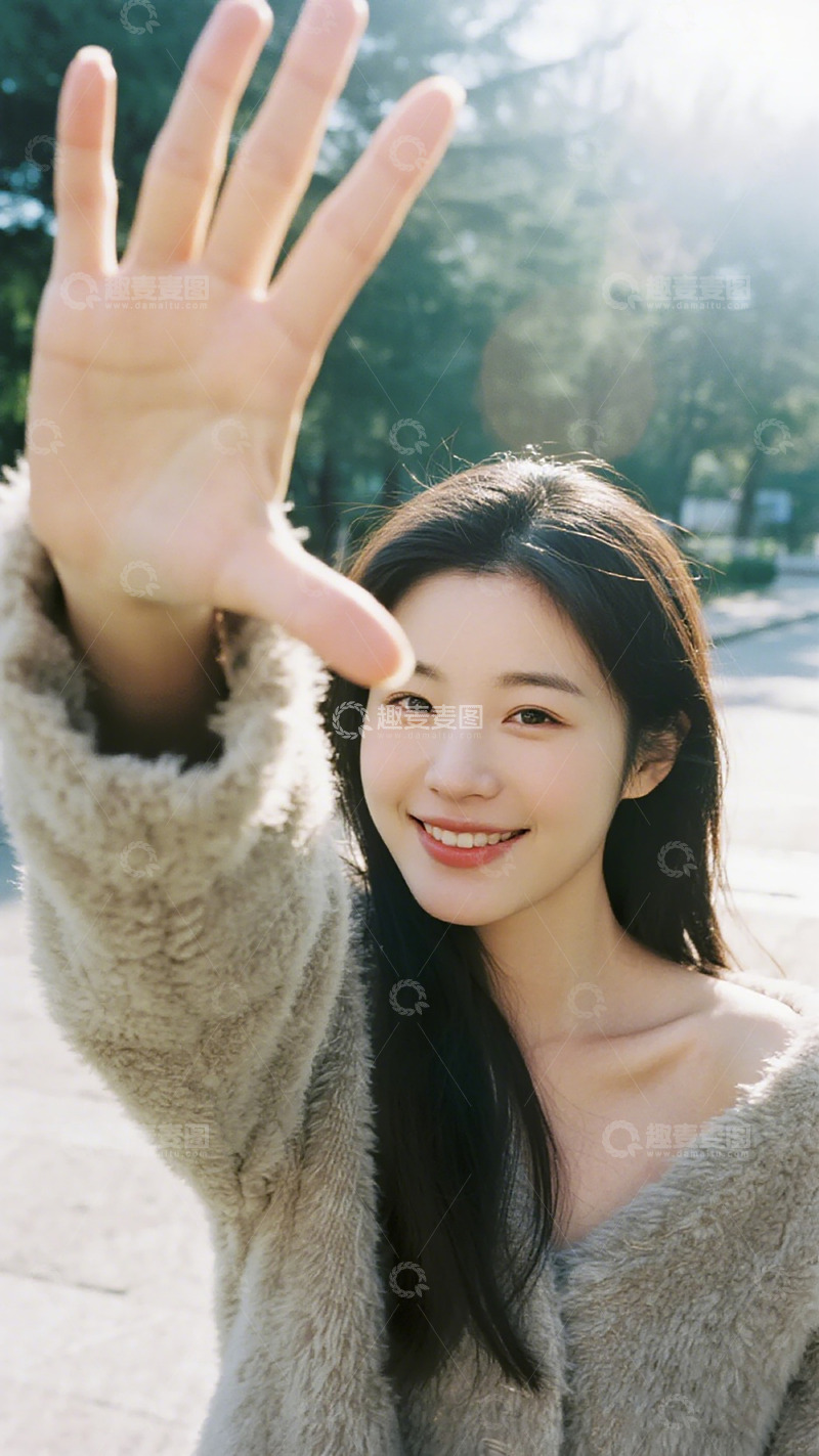 高清大图下载【趣麦麦图】-阳光少女挥手微笑户外写真
