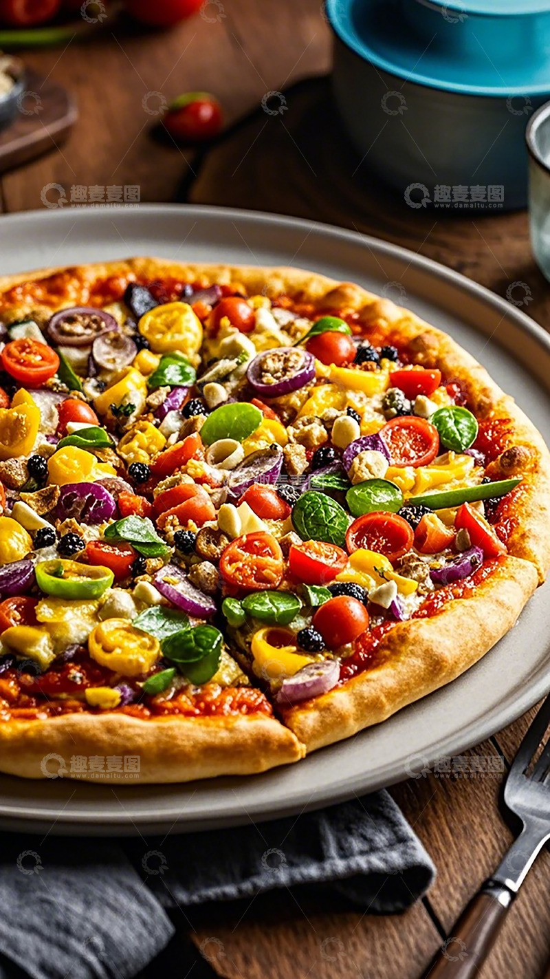 高清大图下载【趣麦麦图】美食摄影色彩缤纷披萨图片