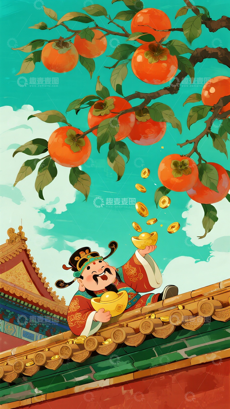 高清大图下载【趣麦麦图】柿柿如意财神送宝