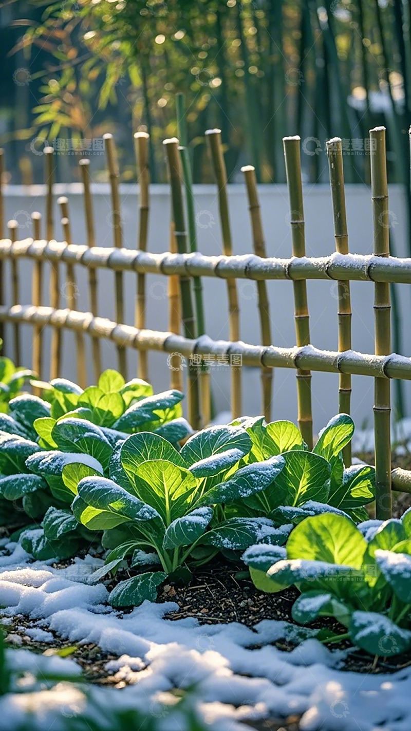 高清大图下载【趣麦麦图】冬日菜园雪景竹篱