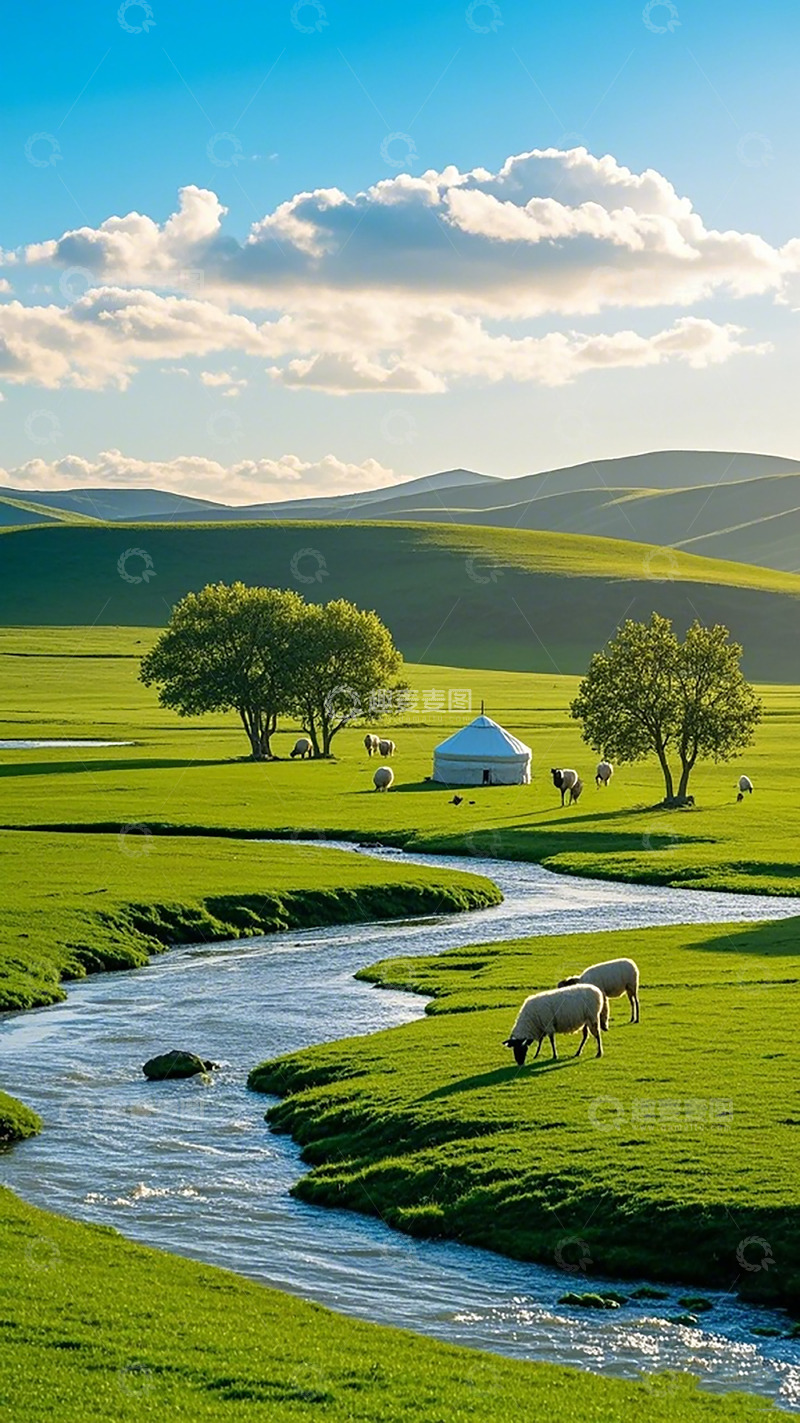 高清大图下载【趣麦麦图】田园风光草原河流小溪羊群树木蒙古包