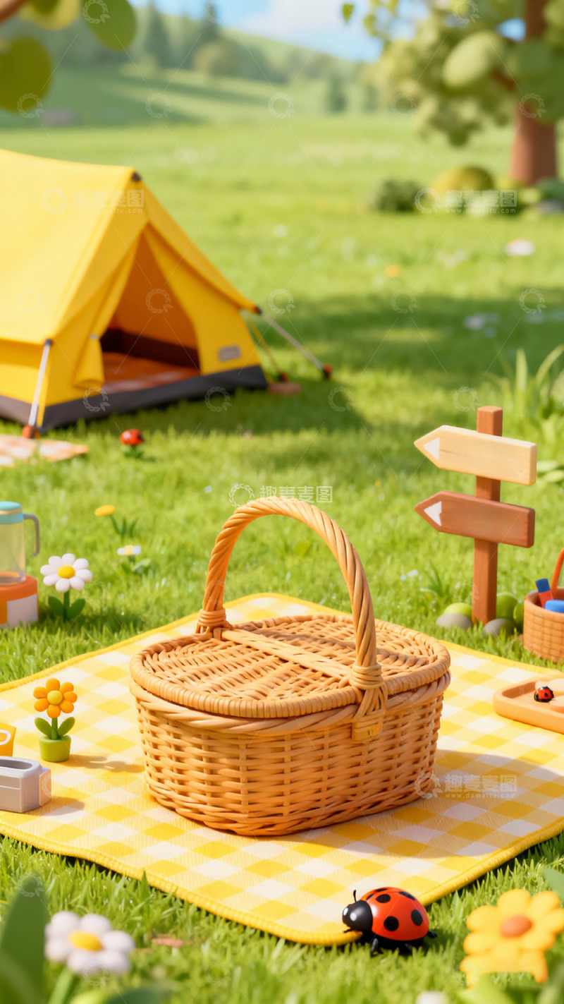高清大图下载【趣麦麦图】春日野餐风景卡通插画