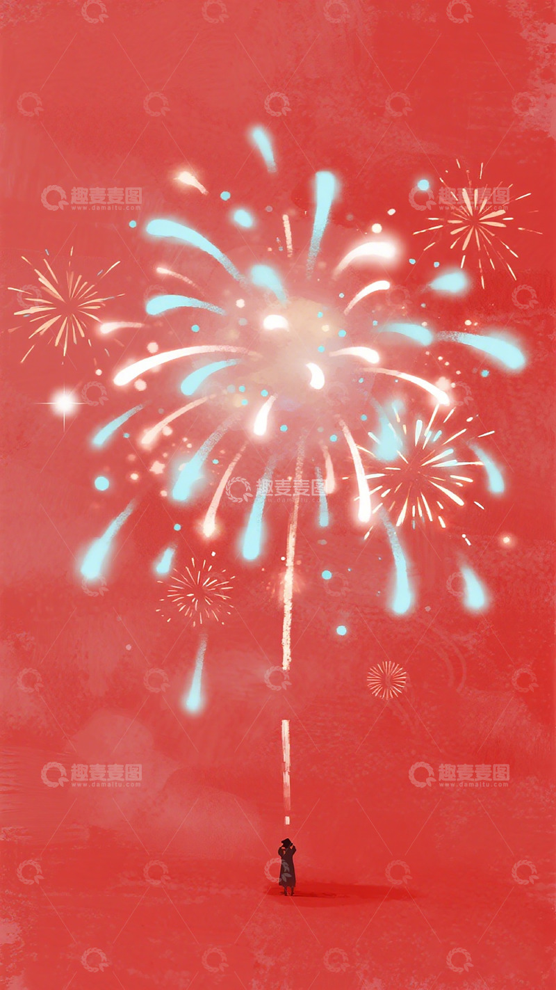 高清大图下载【趣麦麦图】红色烟花节日插画素材