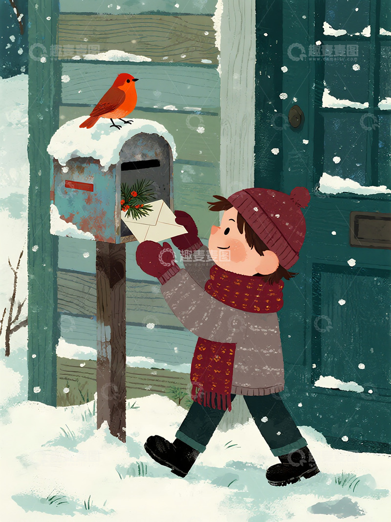 高清大图下载【趣麦麦图】冬雪邮筒稚童寄信3