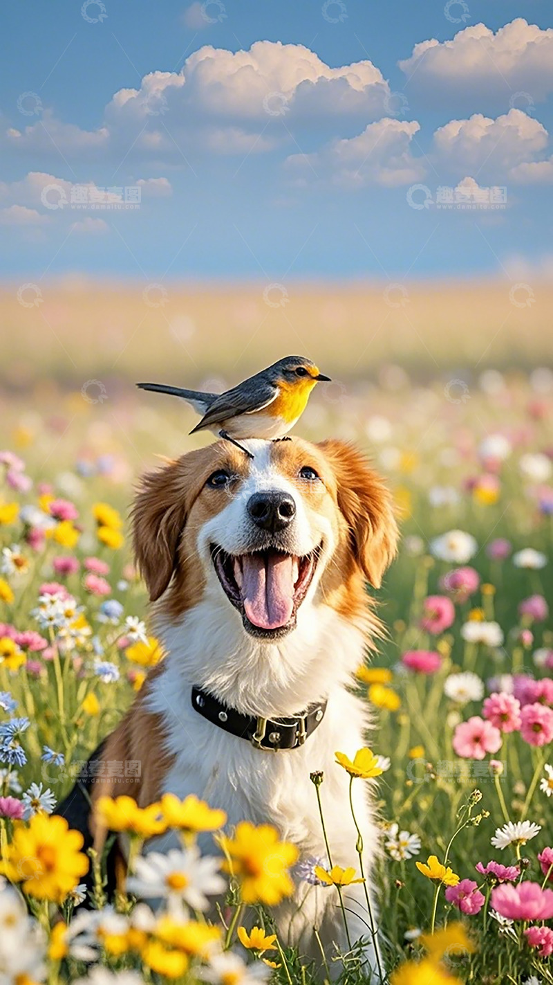 高清大图下载【趣麦麦图】鸟犬和谐草原风光
