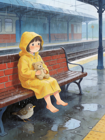 雨天站台抱着小熊等车的女孩