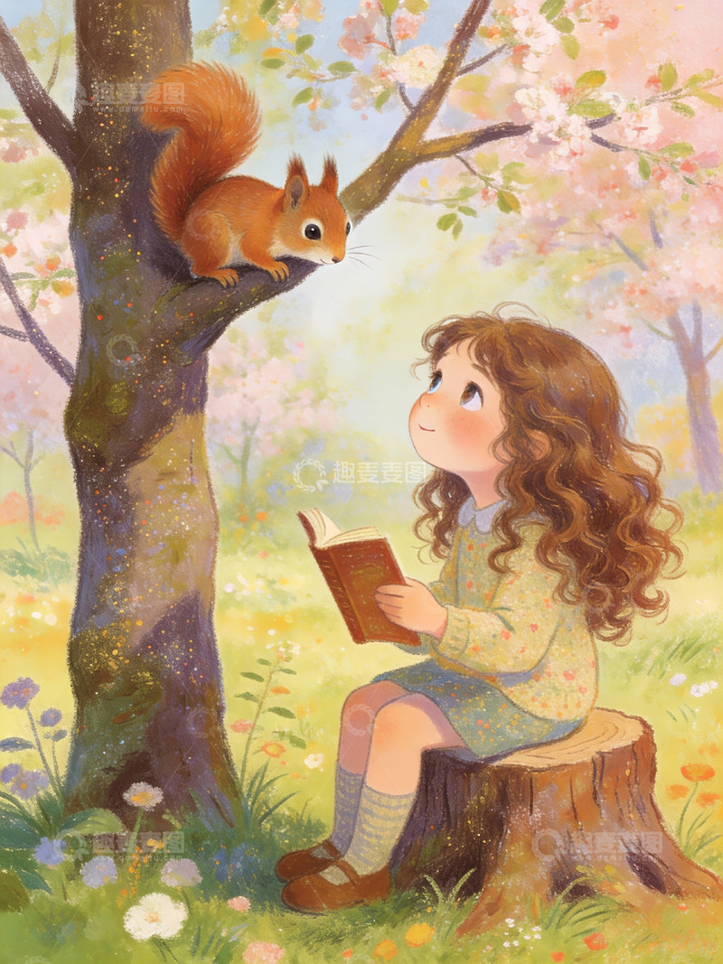高清大图下载【趣麦麦图】春日樱花树下与松鼠相望的女孩