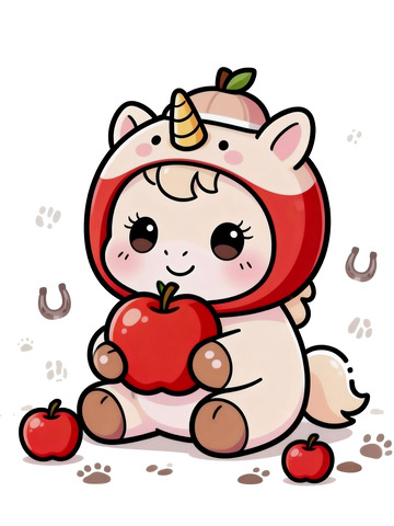 可爱卡通小马抱着苹果插画
