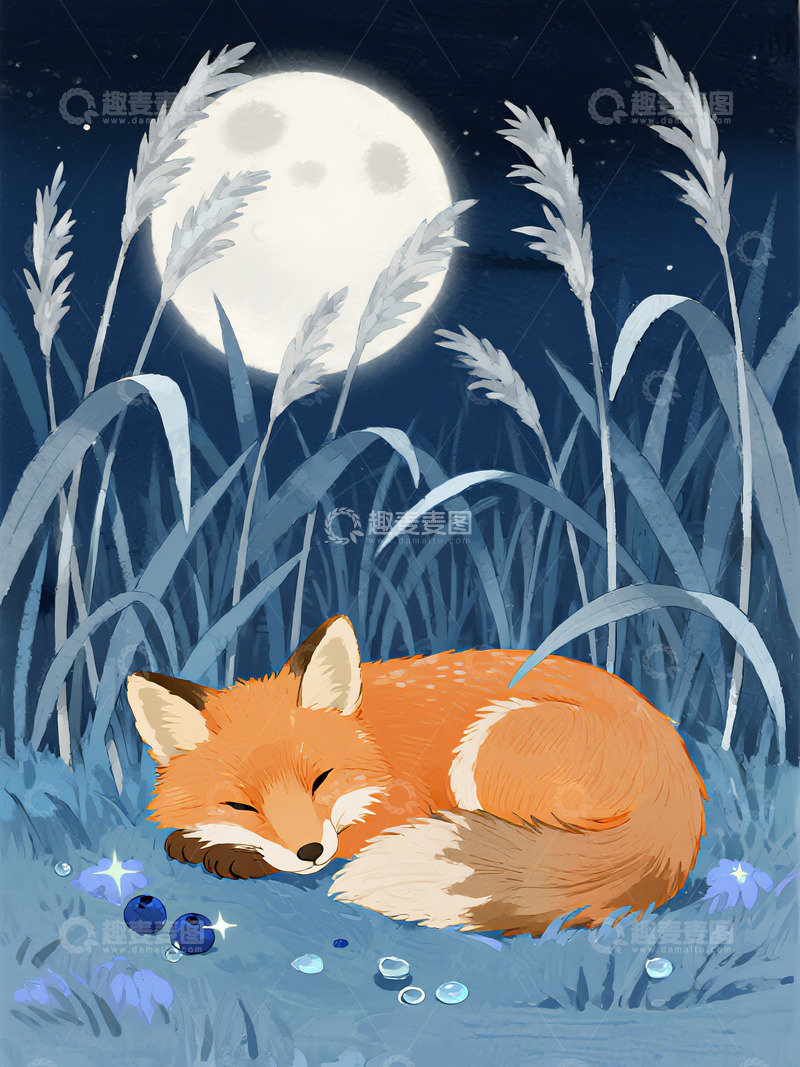 高清大图下载【趣麦麦图】月下草丛里的酣睡小狐