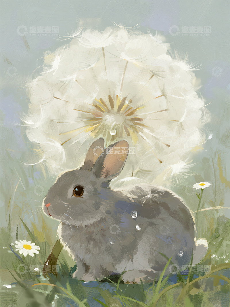 高清大图下载【趣麦麦图】蒲公英伞下的灰兔与朝露