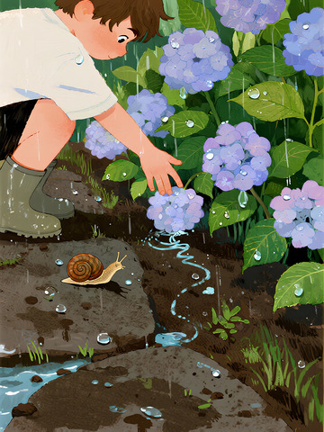 雨天绣球花旁伸手的少年