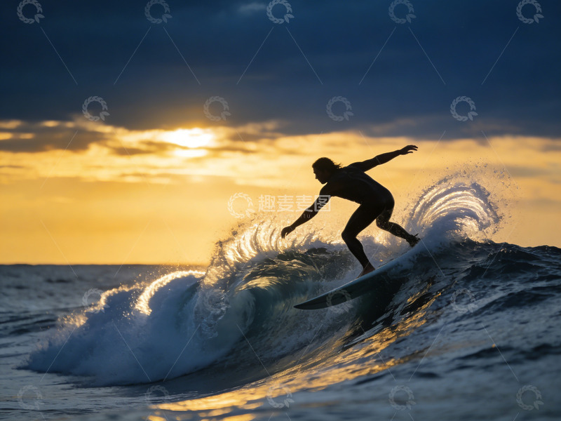 高清大图下载【趣麦麦图】冲浪剪影黄昏海景摄影