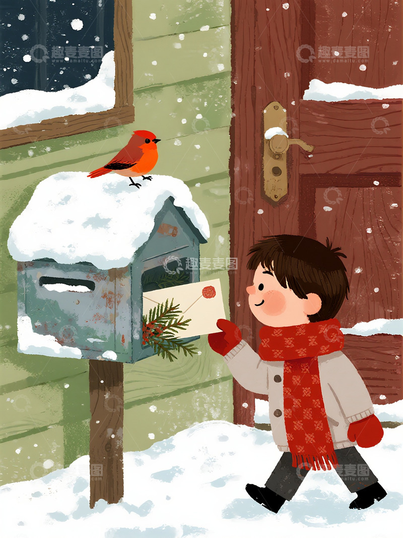 高清大图下载【趣麦麦图】飘雪清晨里取信件的红衣男孩