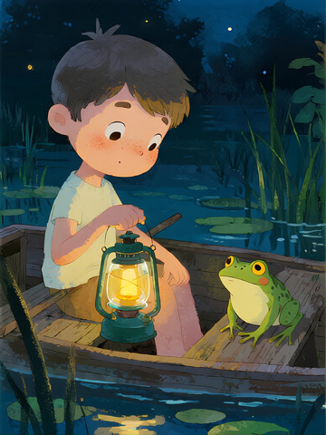 夏夜小舟上的男孩与蛙