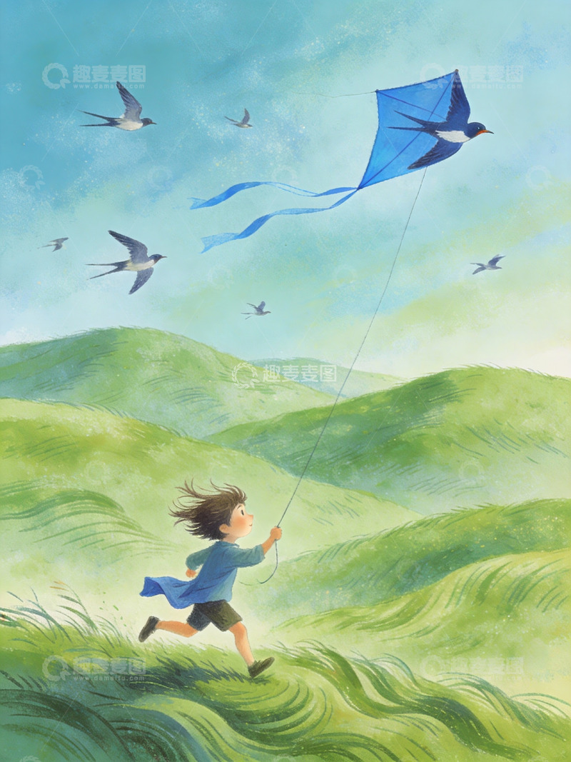 高清大图下载【趣麦麦图】 晴野稚童逐燕戏鸢1