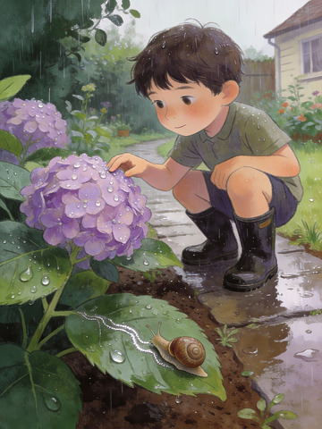 雨后花园里的绣球与少年