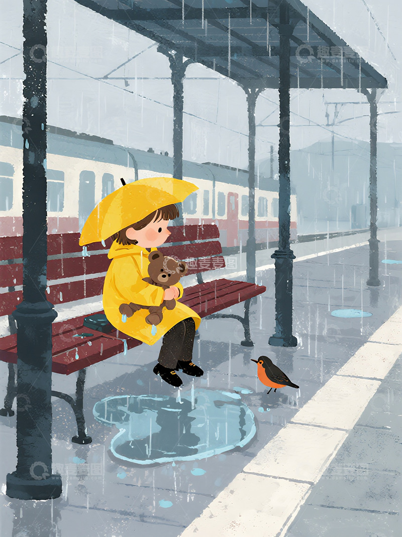 高清大图下载【趣麦麦图】撑黄伞在站台等车的雨衣女孩