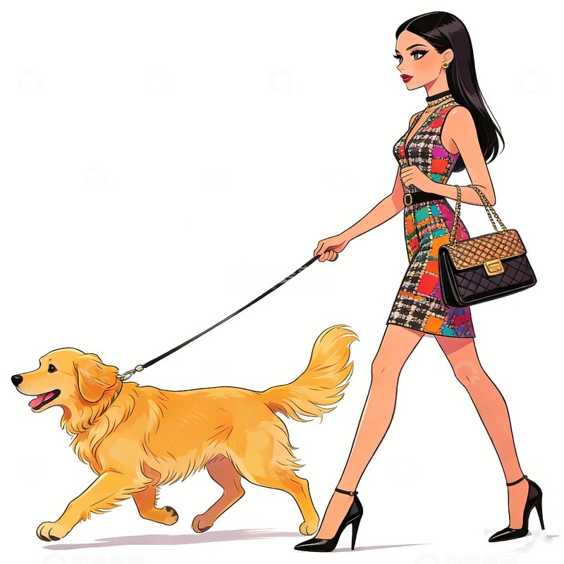 高清大图下载【趣麦麦图】牵狗遛狗的时尚女性