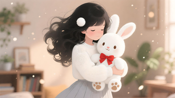 温馨卡通女孩抱兔玩偶插画