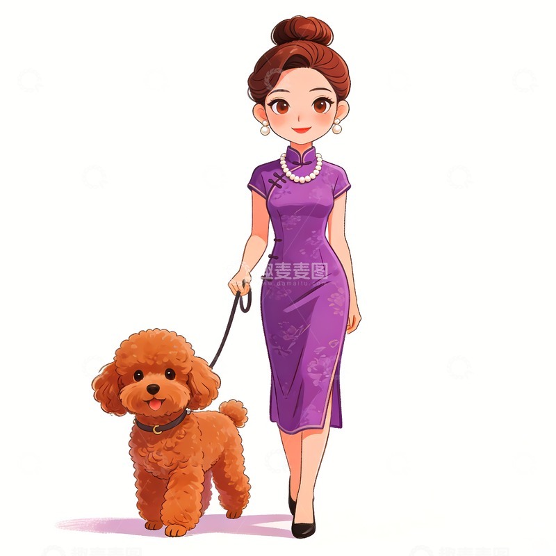 高清大图下载【趣麦麦图】牵狗遛狗的富太太