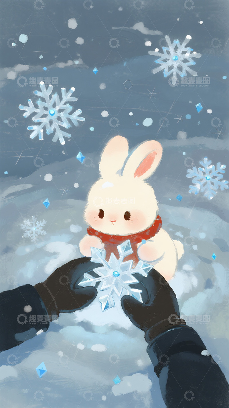 高清大图下载【趣麦麦图】红围巾小兔接住冬日雪花