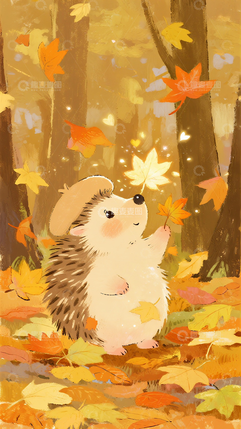 高清大图下载【趣麦麦图】秋日林间望落叶的小刺猬