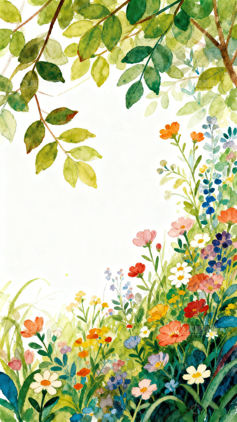 高清大图下载【趣麦麦图】水彩花园美景插画