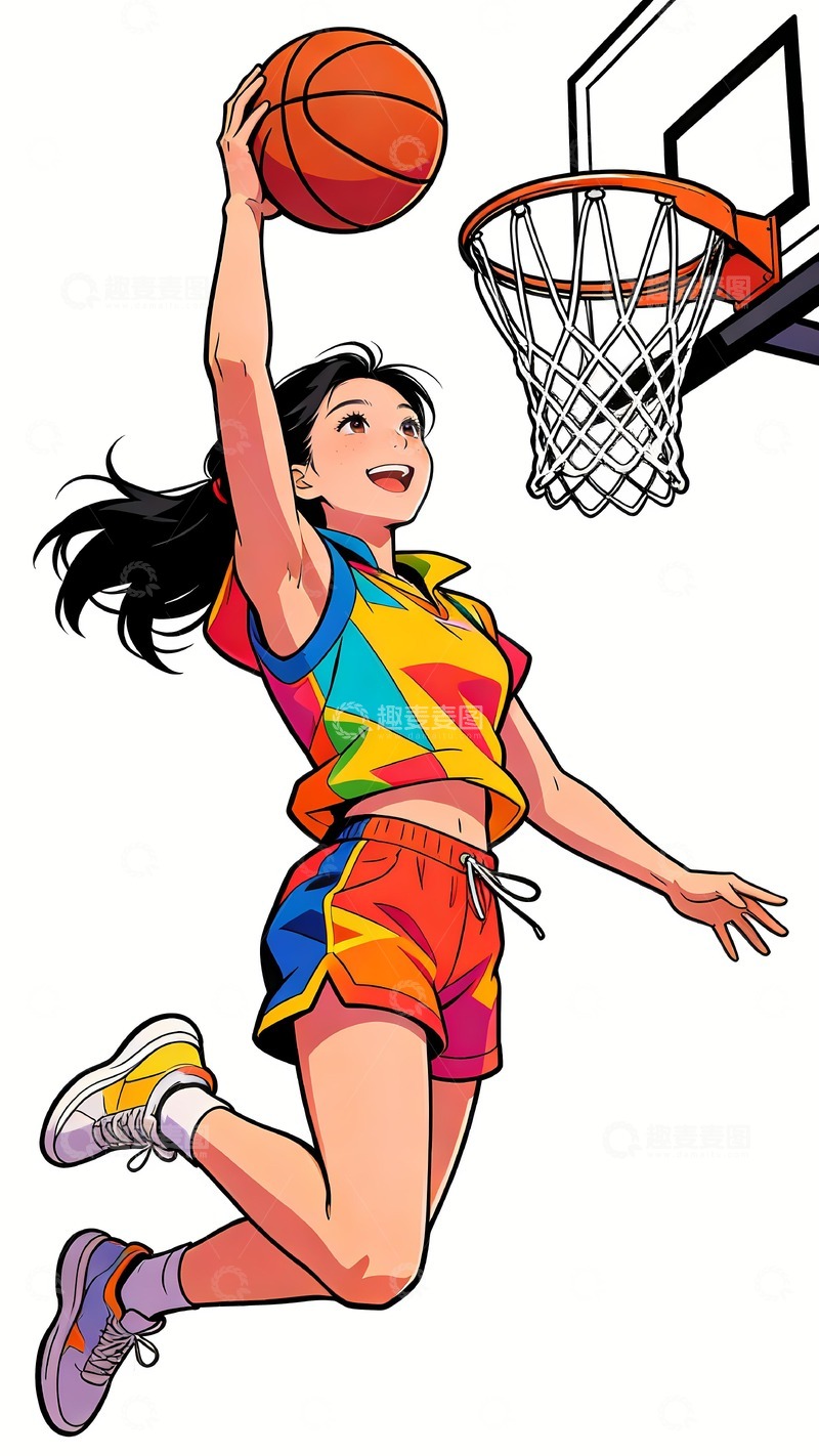 高清大图下载【趣麦麦图】正在扣篮打篮球的女孩