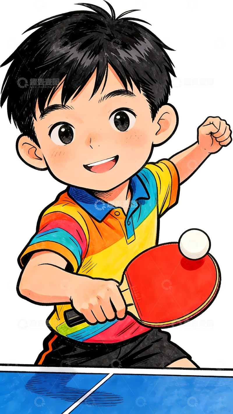 高清大图下载【趣麦麦图】打乒乓球的小孩卡通