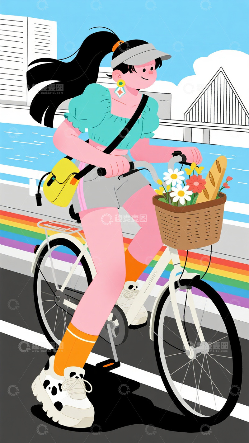 高清大图下载【趣麦麦图】彩虹道上骑行的元气少女