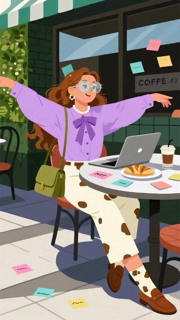 女孩在街边咖啡店舒展身心