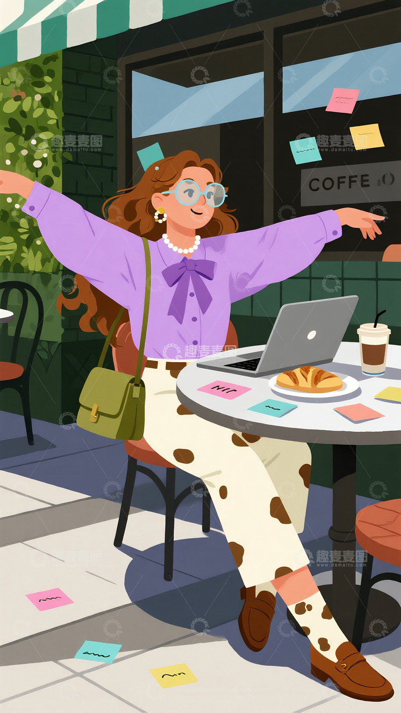 高清大图下载【趣麦麦图】女孩在街边咖啡店舒展身心