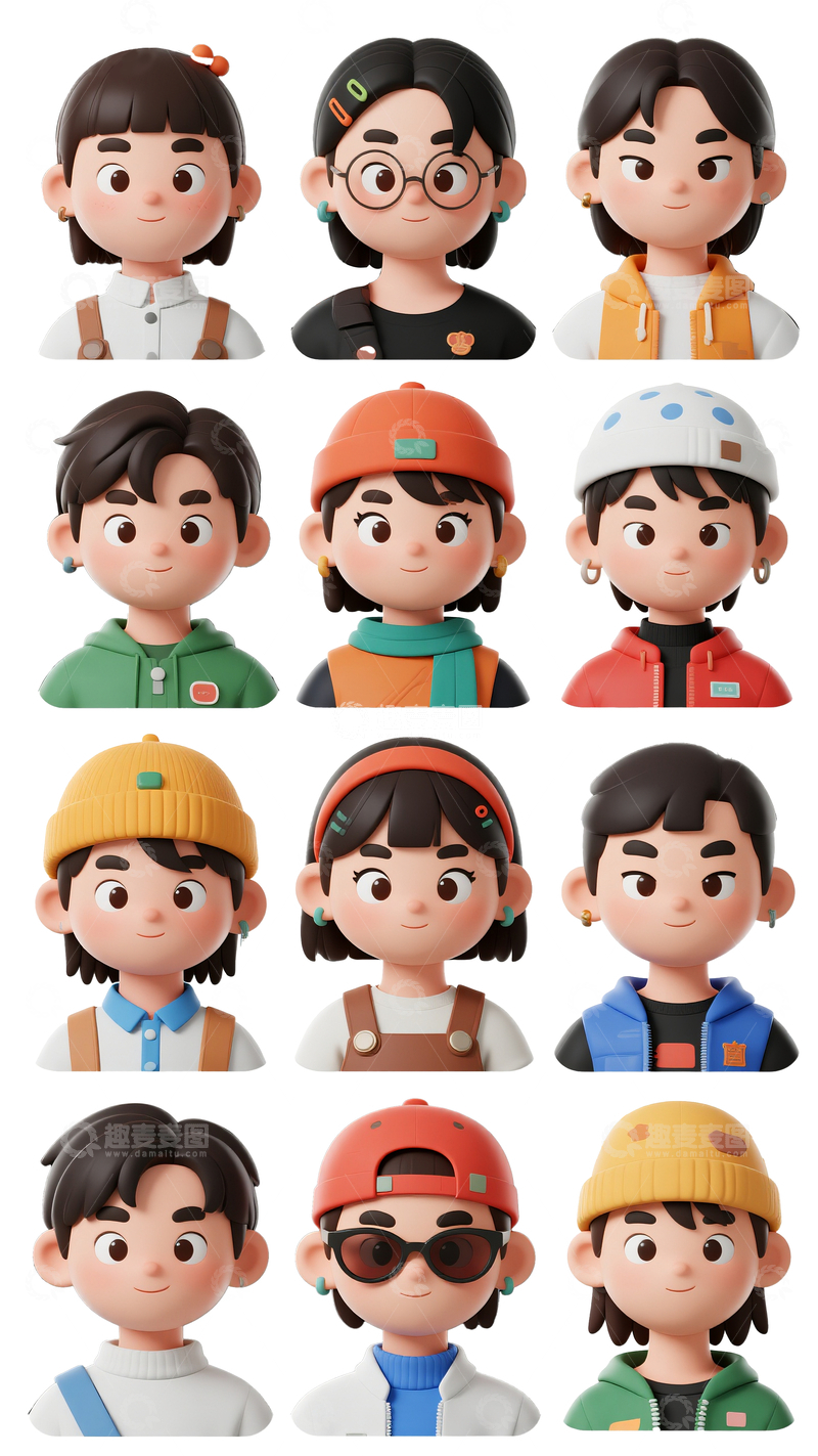 源文件下载【趣麦麦图】-3d卡通人物头像模型3