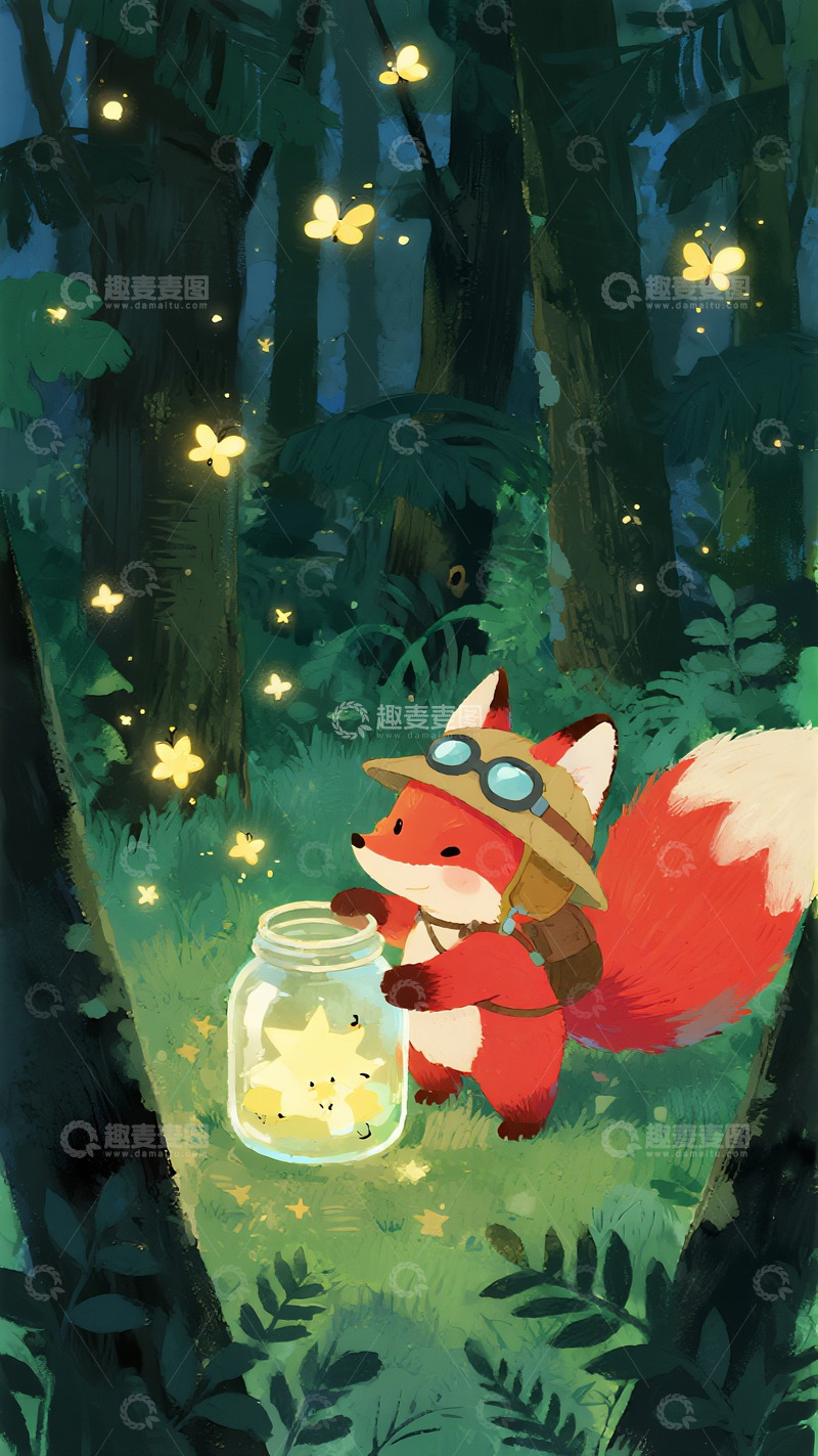 高清大图下载【趣麦麦图】森林里收集萤火虫的探险家狐狸