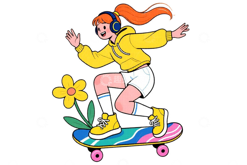 高清大图下载【趣麦麦图】卡通滑板少女插画免扣人物素材