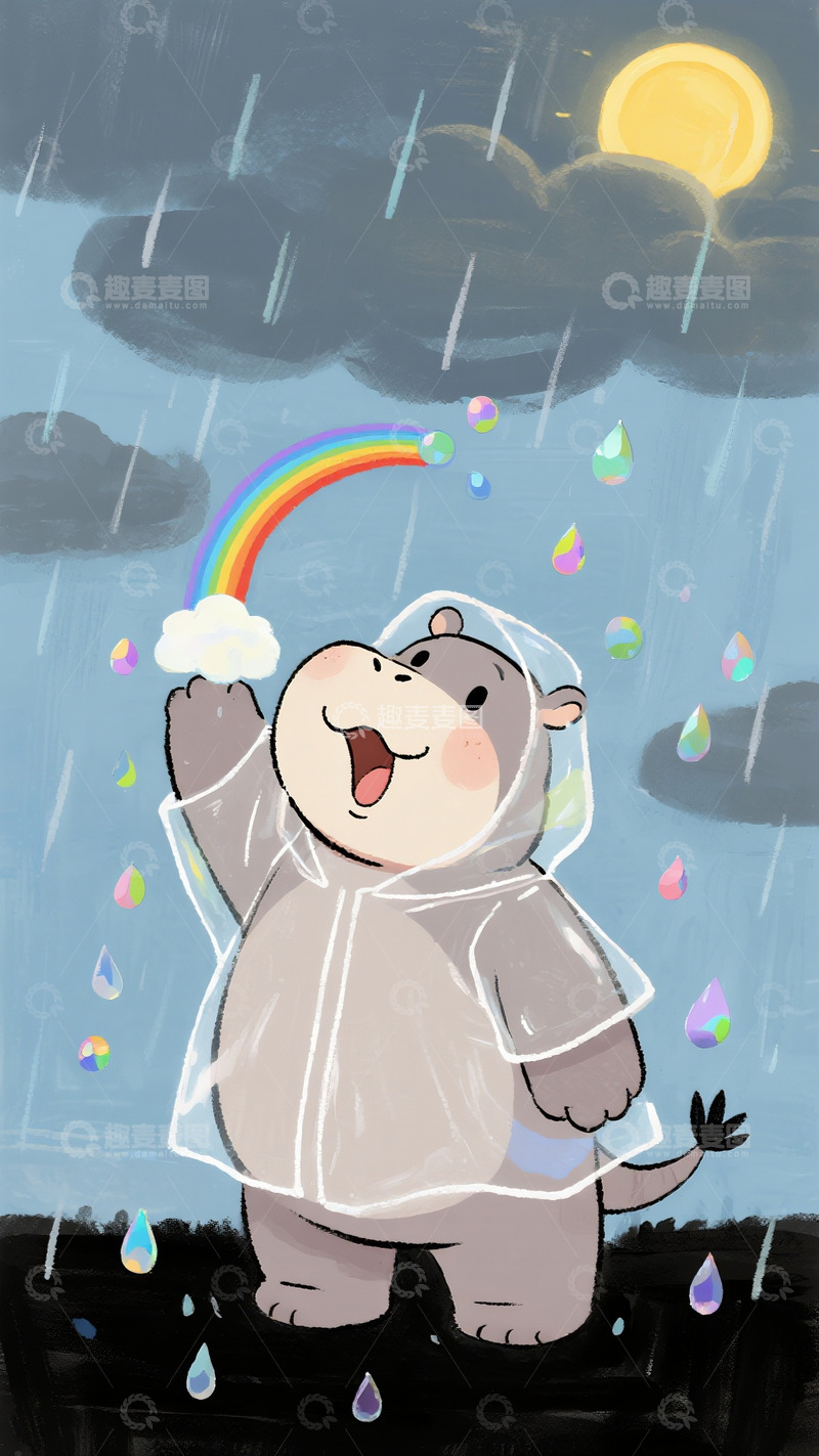 高清大图下载【趣麦麦图】雨天里接住彩虹的快乐河马