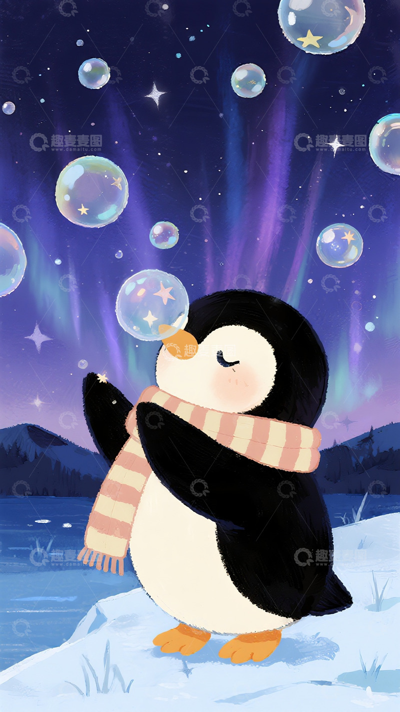 高清大图下载【趣麦麦图】极光下玩泡泡的围巾小企鹅