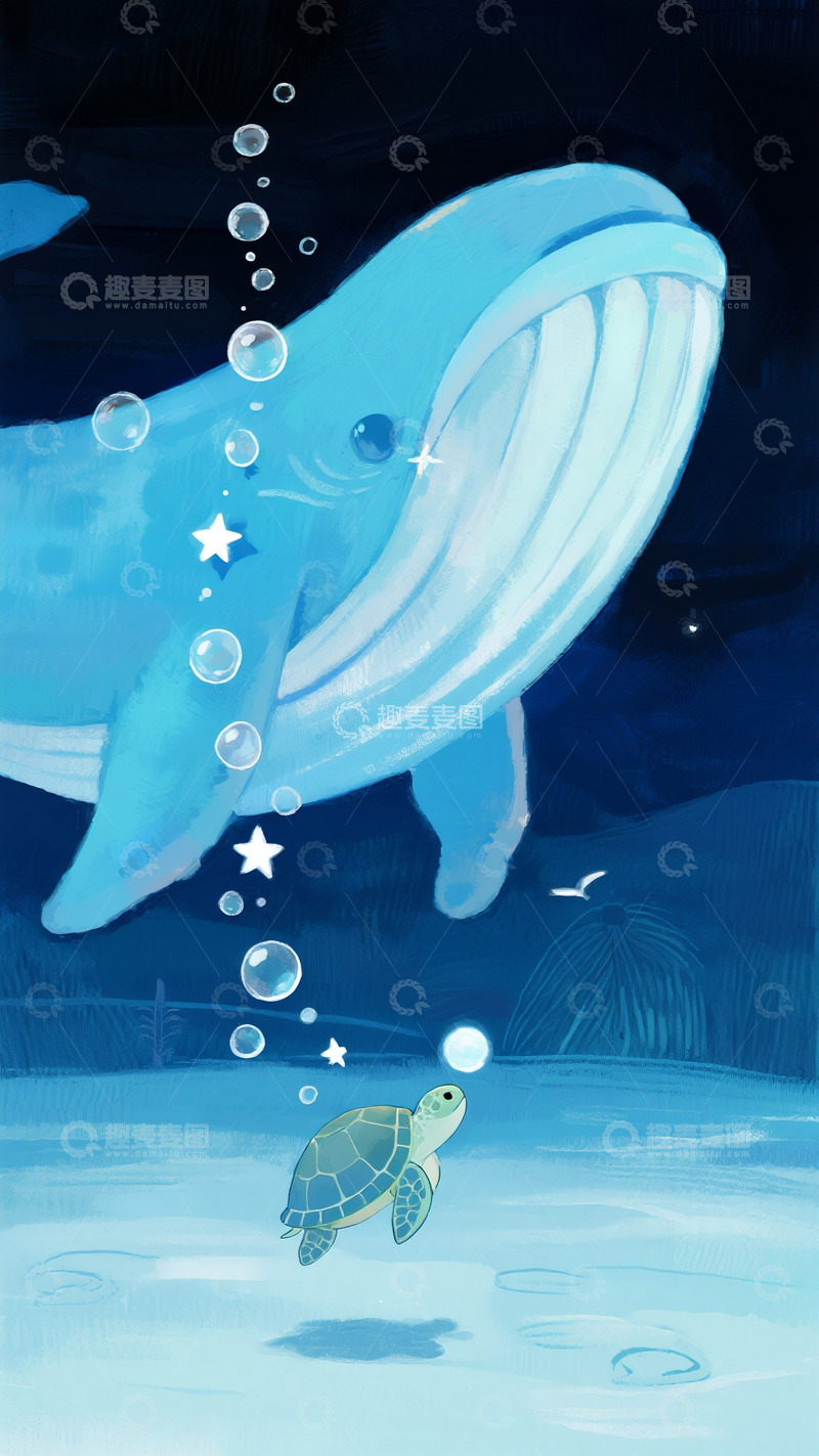 高清大图下载【趣麦麦图】深海里与巨鲸相遇的小海龟