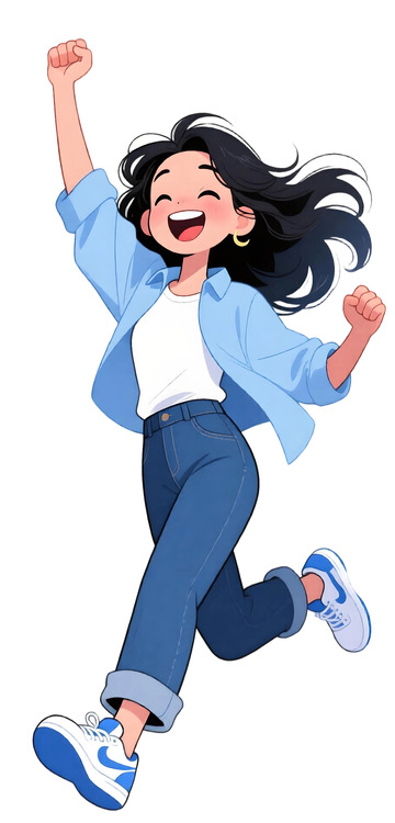 蓝色衣服卡通少女跳跃插画素材免扣