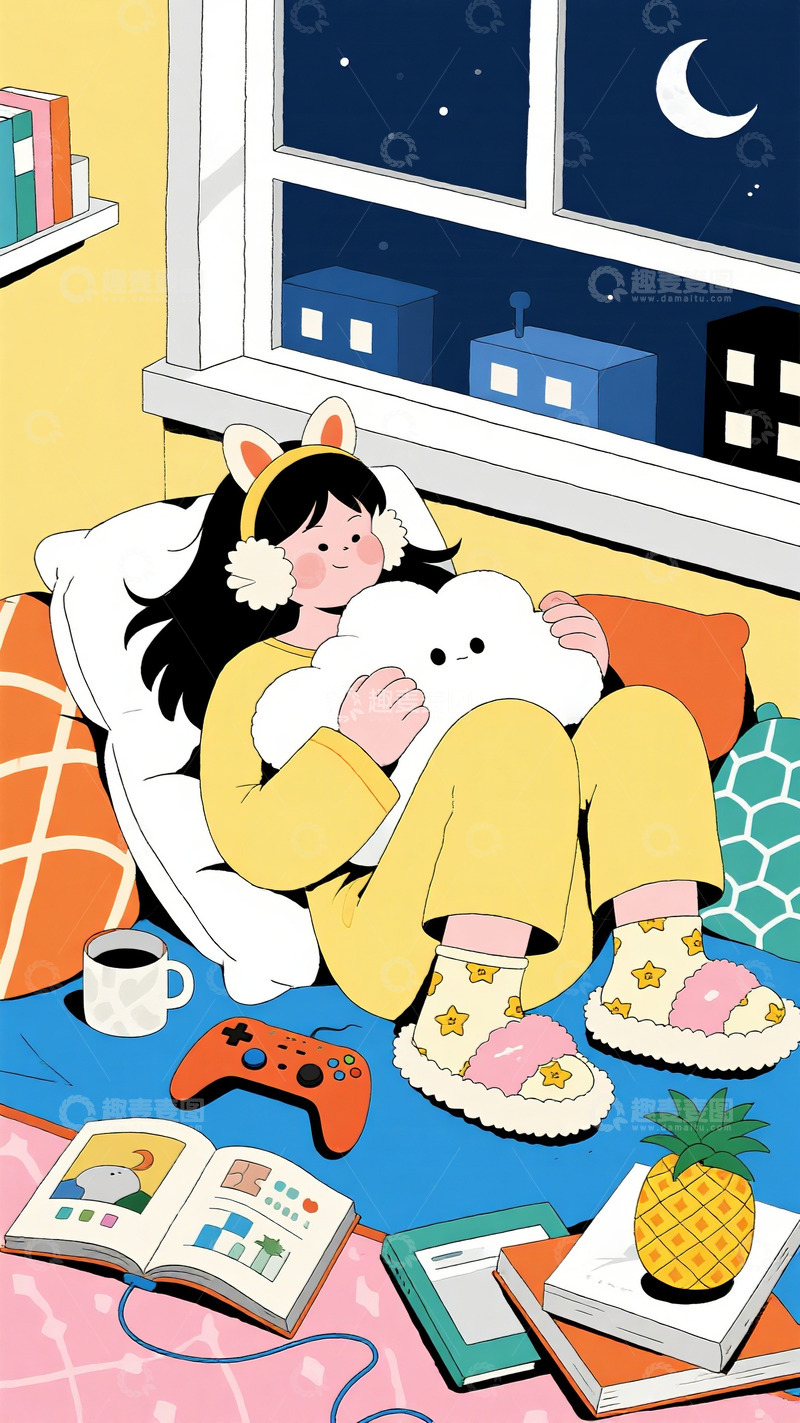 高清大图下载【趣麦麦图】窗边抱着云朵玩偶的宅家女孩