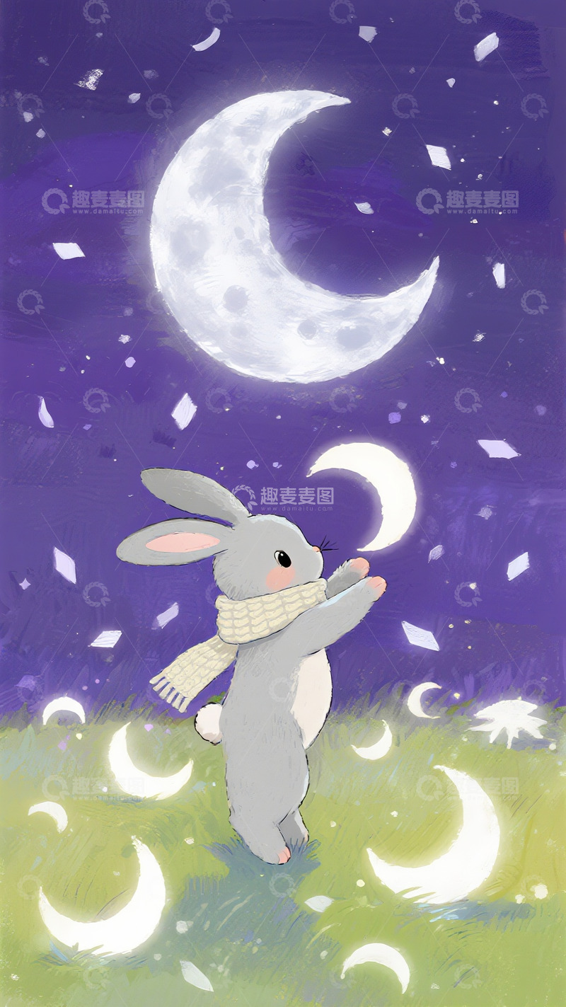 高清大图下载【趣麦麦图】紫夜下捧起月牙的小兔子