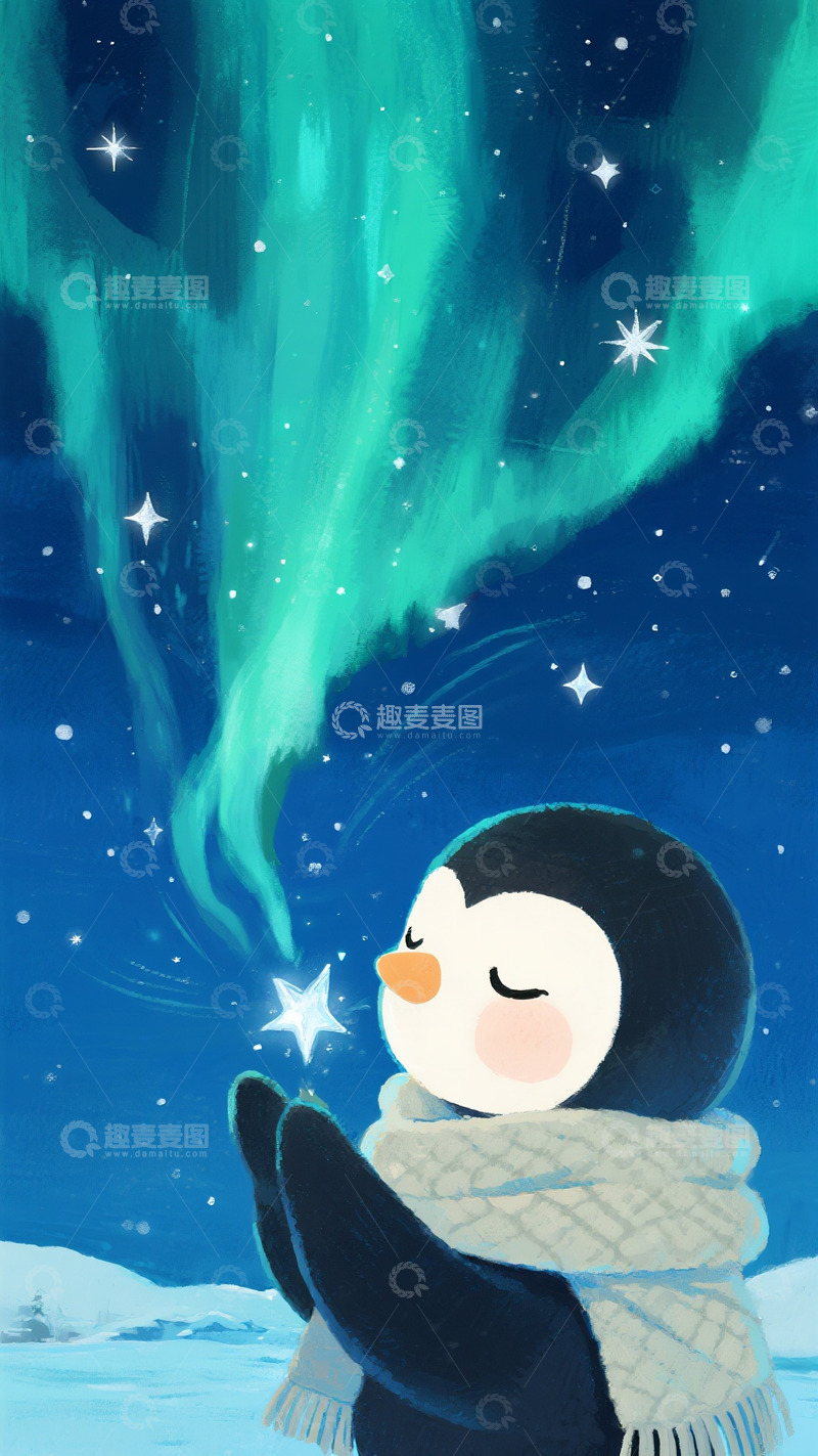 高清大图下载【趣麦麦图】企鹅在极光里轻吻星光