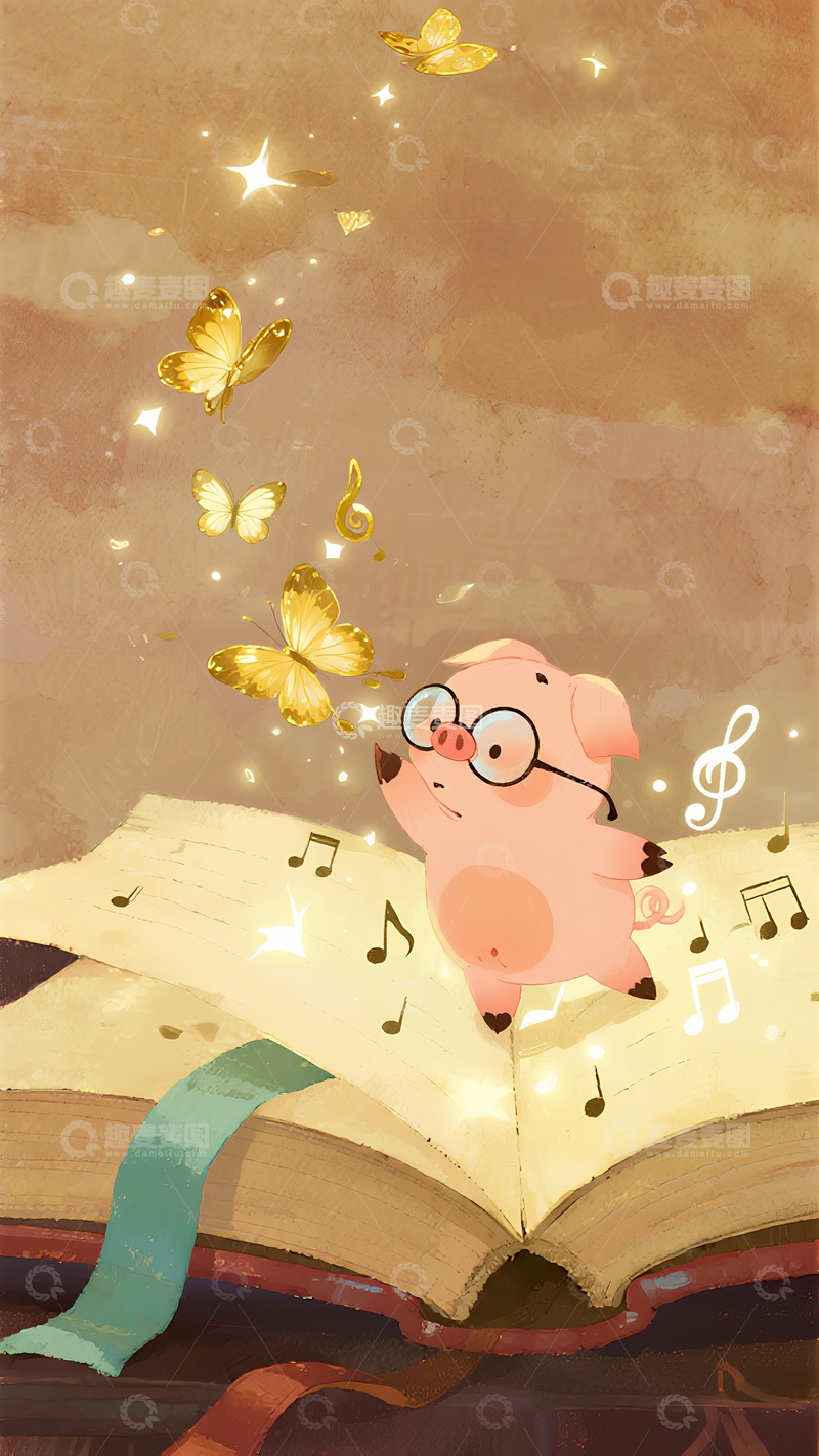 高清大图下载【趣麦麦图】钢琴上追逐金色蝴蝶的小猪