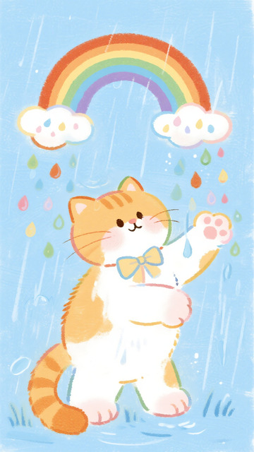 雨后彩虹下伸手的小胖猫