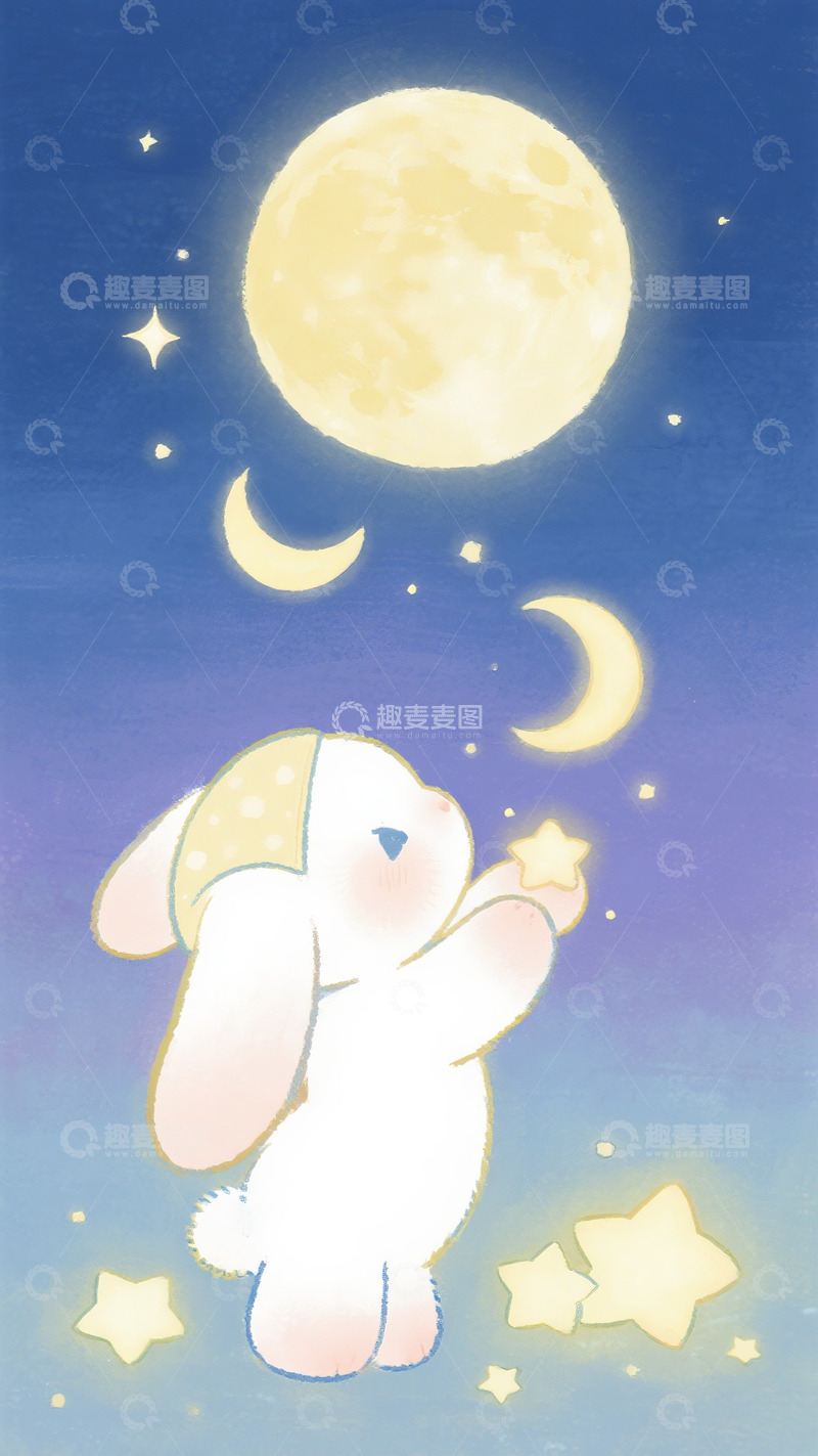 高清大图下载【趣麦麦图】月光下摘星的软萌小兔