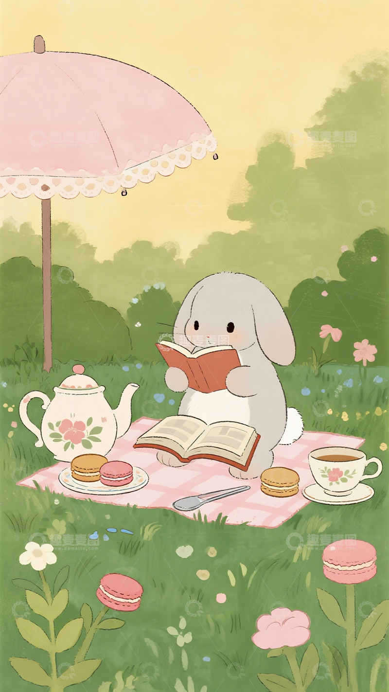 高清大图下载【趣麦麦图】暖阳下的兔子读书会