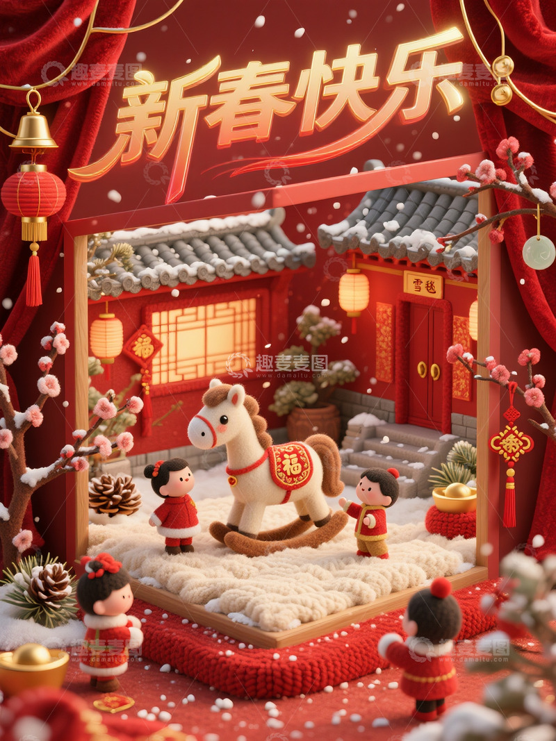 高清大图下载【趣麦麦图】马年瑞雪小院童趣新春图