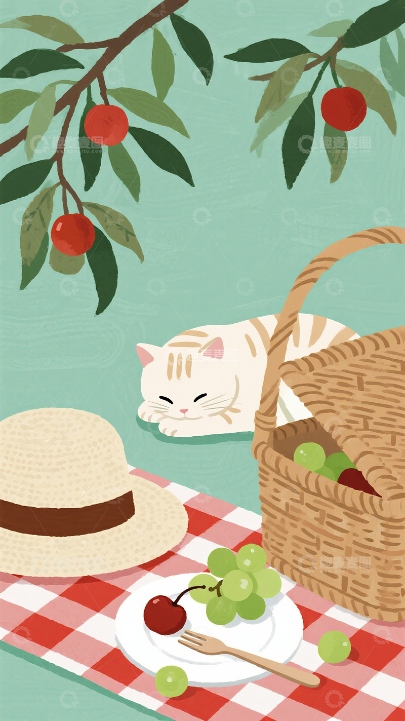 高清大图下载【趣麦麦图】樱桃树下的野餐小憩