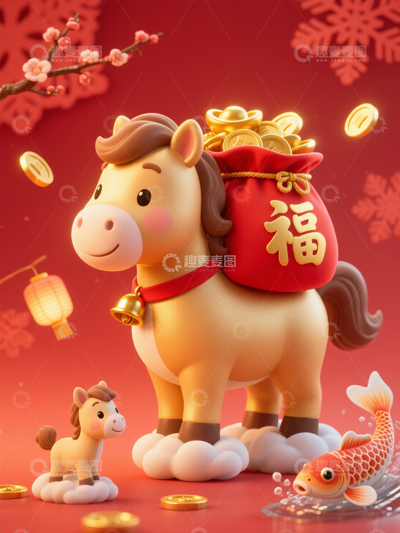 高清大图下载【趣麦麦图】金马驮福踏云送财贺新春