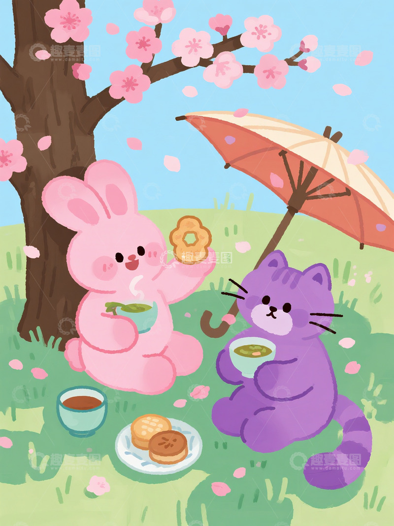 高清大图下载【趣麦麦图】樱花树下的粉兔紫猫茶会